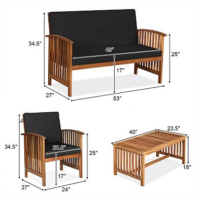 Clihome 4 Pieces Patio Solid Wood Furniture Set with Water Resistant Cushions