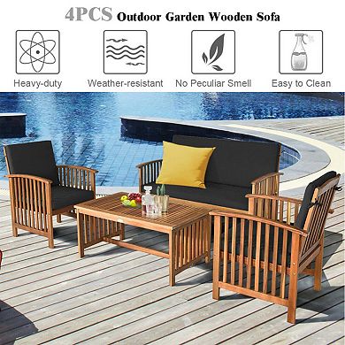 Clihome 4 Pieces Patio Solid Wood Furniture Set with Water Resistant Cushions
