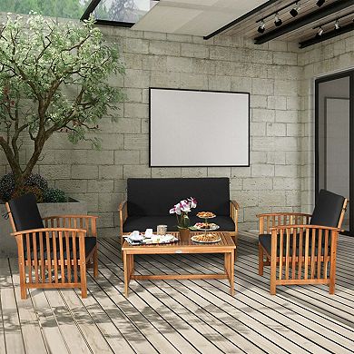 Clihome 4 Pieces Patio Solid Wood Furniture Set with Water Resistant Cushions