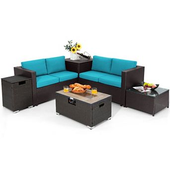 Clihome 6 pc Outdoor Wicker Furniture Set with 32 Inch Propane Fire Pit Table