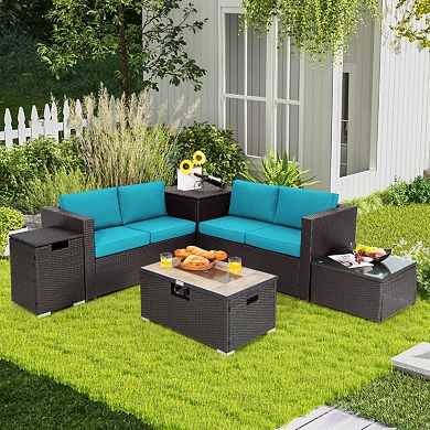 Clihome 6 Pieces Outdoor Wicker Furniture Set with 32 Inch Propane Fire Pit Table