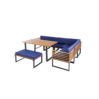 Clihome 8 pc Patio Acacia Wood Dining Set with Ottoman Cushions