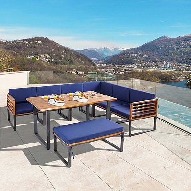 Clihome 8 Pieces Patio Acacia Wood Dining Set with Ottoman Cushions