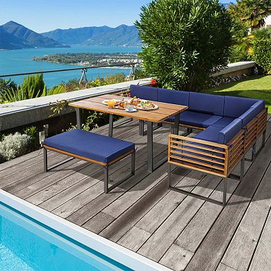 Clihome 8 Pieces Patio Acacia Wood Dining Set with Ottoman Cushions