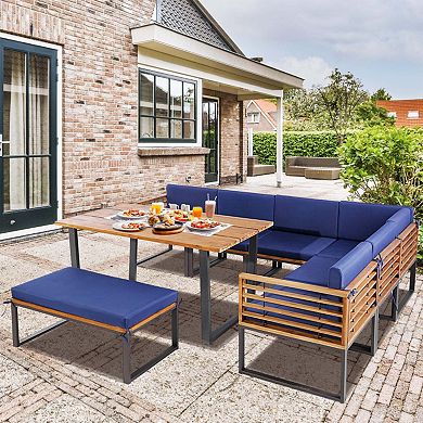 Clihome 8 Pieces Patio Acacia Wood Dining Set with Ottoman Cushions