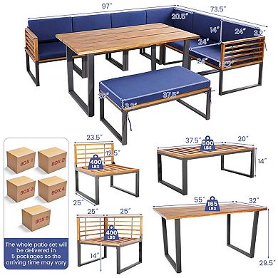 Clihome 8 Pieces Patio Acacia Wood Dining Set with Ottoman Cushions