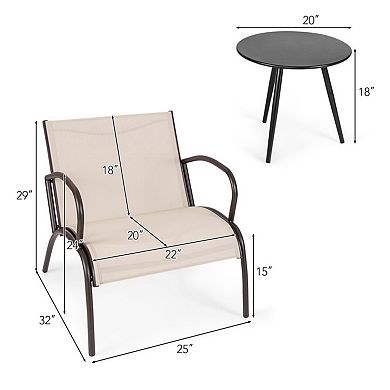Clihome 3 Piece Patio Metal Aluminum Wide Armchair and Table Set