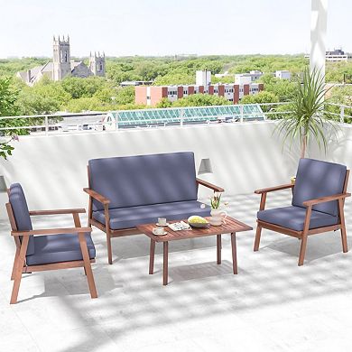 Clihome 4 Piece Outdoor Acacia Wood Conversation Set with Soft Seat and Back Cushions