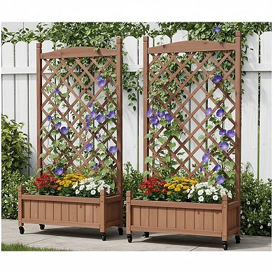 2 Pack Raised Garden Bed with Trellis, Outdoor Wooden Planter Box