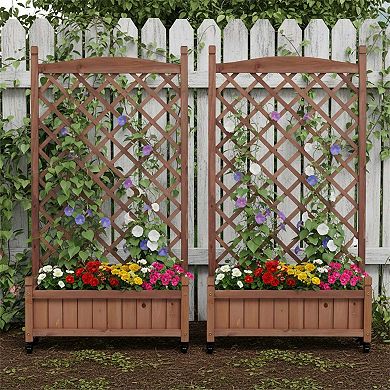 2 Pack Raised Garden Bed with Trellis, Outdoor Wooden Planter Box