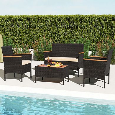 Clihome 4 Piece Patio Wicker Sofa Set 2 Rattan Chairs and Loveseat with Table