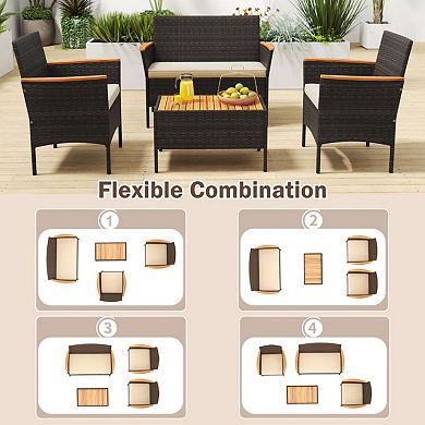 Clihome 4 Piece Patio Wicker Sofa Set 2 Rattan Chairs and Loveseat with Table