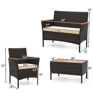 Clihome 4 Piece Patio Wicker Sofa Set 2 Rattan Chairs and Loveseat with Table
