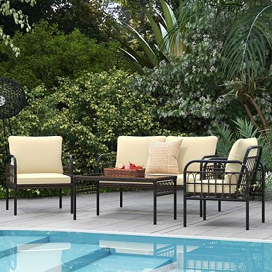 Clihome 4 Pieces Hand-woven Rustproof Metal Frame Outdoor Wicker Conversation Bistro Set