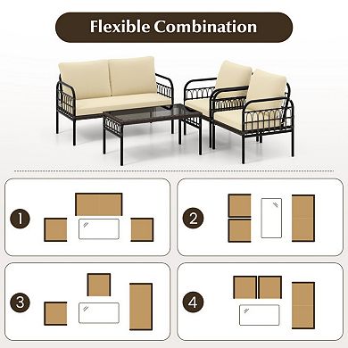 Clihome 4 Pieces Hand-woven Rustproof Metal Frame Outdoor Wicker Conversation Bistro Set