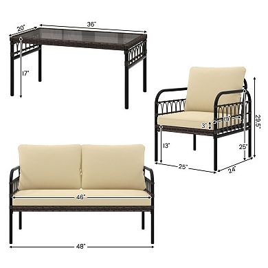Clihome 4 Pieces Hand-woven Rustproof Metal Frame Outdoor Wicker Conversation Bistro Set