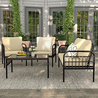 Clihome 4 Pieces Hand-woven Rustproof Metal Frame Outdoor Wicker Conversation Bistro Set