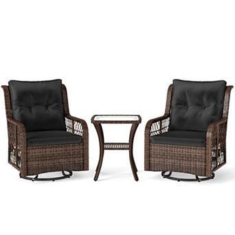 3 pc Patio Furniture Set PE Wicker Swivel Glider Chairs with 2 tier Side Table & Cushions