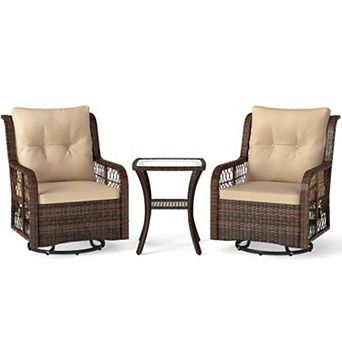 3 pc Patio Furniture Set PE Wicker Swivel Glider Chairs with 2 tier Side Table & Cushions