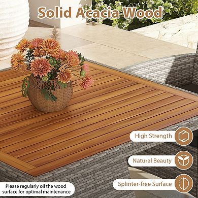 Clihome 5-Piece PE Wicker Patio Dining Set Acacia Wood Table with Umbrella Hole