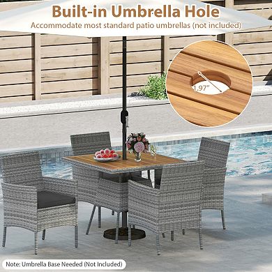 Clihome 5-Piece PE Wicker Patio Dining Set Acacia Wood Table with Umbrella Hole