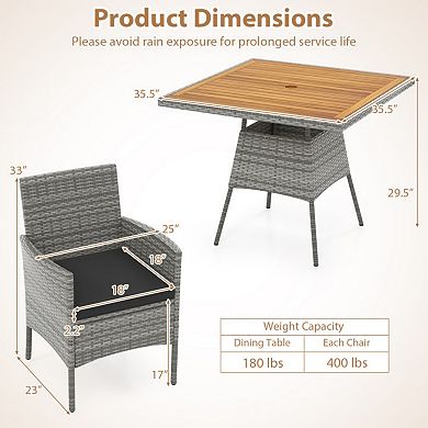 Clihome 5-Piece PE Wicker Patio Dining Set Acacia Wood Table with Umbrella Hole