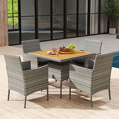 Clihome 5-Piece PE Wicker Patio Dining Set Acacia Wood Table with Umbrella Hole