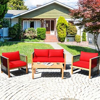 Clihome 4 pc Wood Outdoor Patio Furniture Set with Cushions for Garden