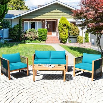 Clihome 4 pc Wood Outdoor Patio Furniture Set with Cushions for Garden