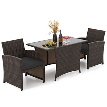 Clihome 3 pc Patio Wicker Dining Set with Tempered Glass Table & Cushions