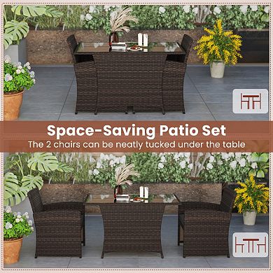 Clihome 3-Piece Patio Wicker Dining Set with Tempered Glass Table & Cushions