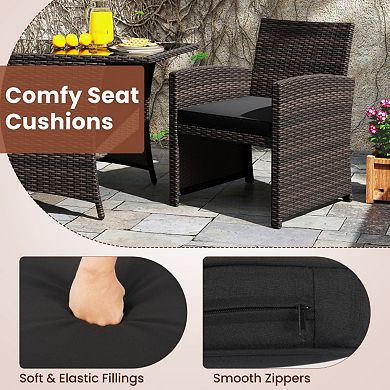 Clihome 3-Piece Patio Wicker Dining Set with Tempered Glass Table & Cushions