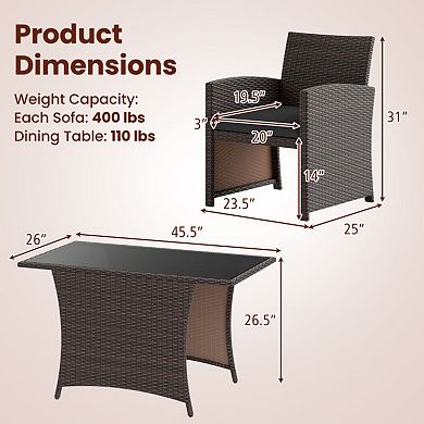 Clihome 3-Piece Patio Wicker Dining Set with Tempered Glass Table & Cushions