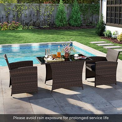 Clihome 3-Piece Patio Wicker Dining Set with Tempered Glass Table & Cushions