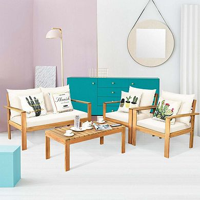 Clihome Outdoor 4 Pieces Acacia Wood Chat Set with Water Resistant Cushions