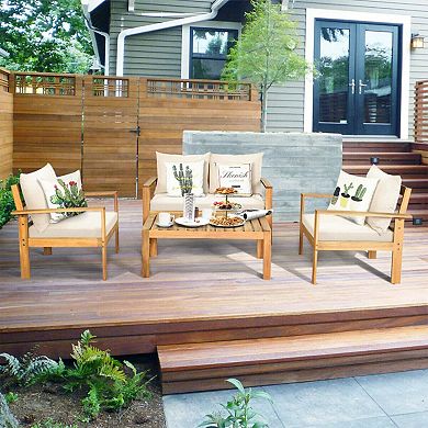 Clihome Outdoor 4 Pieces Acacia Wood Chat Set with Water Resistant Cushions
