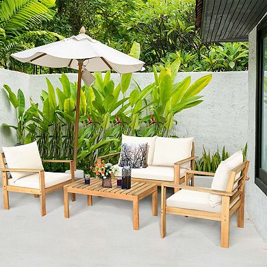 Clihome Outdoor 4 Pieces Acacia Wood Chat Set with Water Resistant Cushions