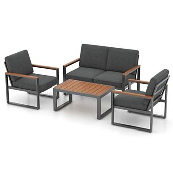 Clihome 4 pc Patio Aluminum Furniture Set Modular Sectional with Wood-Plastic Table