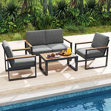 Clihome 4-Piece Patio Aluminum Furniture Set Modular Sectional with Wood-Plastic Table