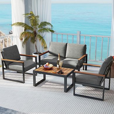 Clihome 4-Piece Patio Aluminum Furniture Set Modular Sectional with Wood-Plastic Table