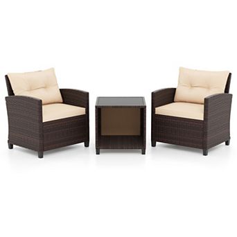 Clihome 3 pc Patio Sofa Set Wicker Chairs and Coffee Table with Storage