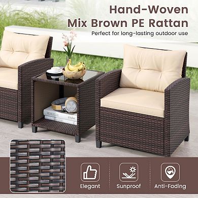 Clihome 3 Piece Patio Sofa Set Wicker Chairs and Coffee Table with Storage