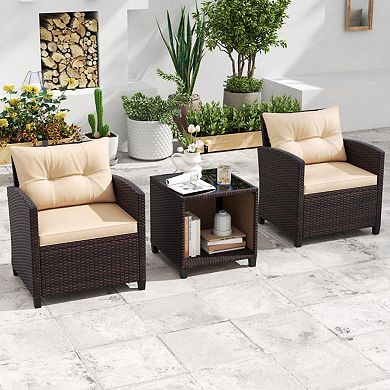 Clihome 3 Piece Patio Sofa Set Wicker Chairs and Coffee Table with Storage