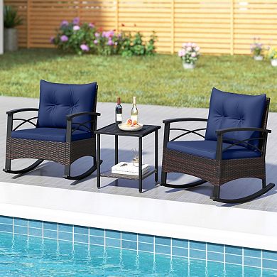 Clihome 3 Piece Rocking Bistro Set PE Rattan Rocker Chairs with Acacia Wood Top Table