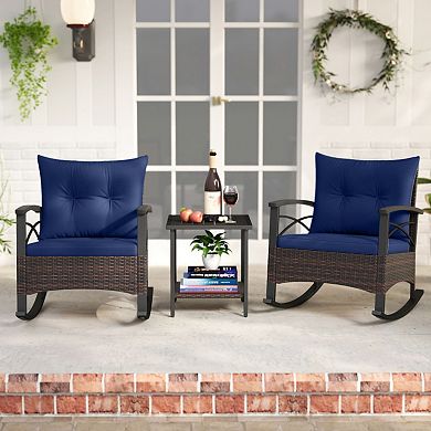 Clihome 3 Piece Rocking Bistro Set PE Rattan Rocker Chairs with Acacia Wood Top Table