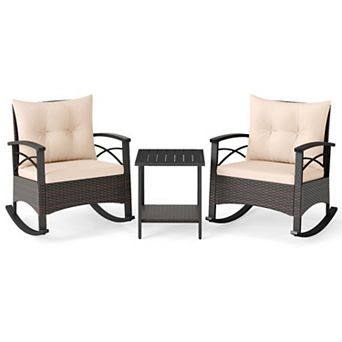 Clihome 3 pc Rocking Bistro Set PE Rattan Rocker Chairs with Acacia Wood Top Table