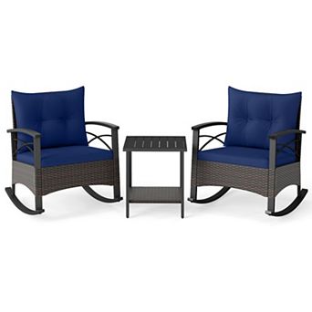 Clihome 3 pc Rocking Bistro Set PE Rattan Rocker Chairs with Acacia Wood Top Table