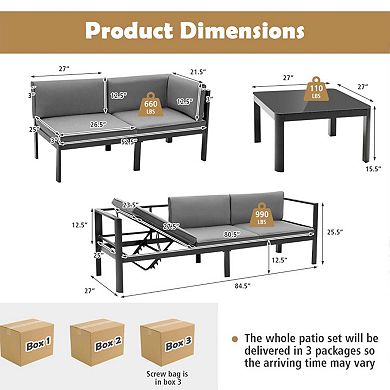 Clihome 3 Pieces Aluminum Patio Furniture Set with 6-Level Adjustable Backrest