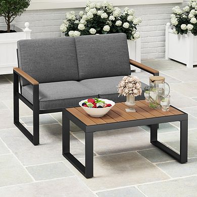 Clihome 2-Piece Patio Aluminum Furniture Set with Wood-Plastic Table & Loveseat