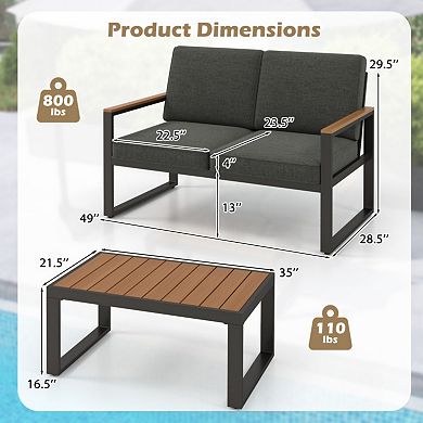 Clihome 2-Piece Patio Aluminum Furniture Set with Wood-Plastic Table & Loveseat